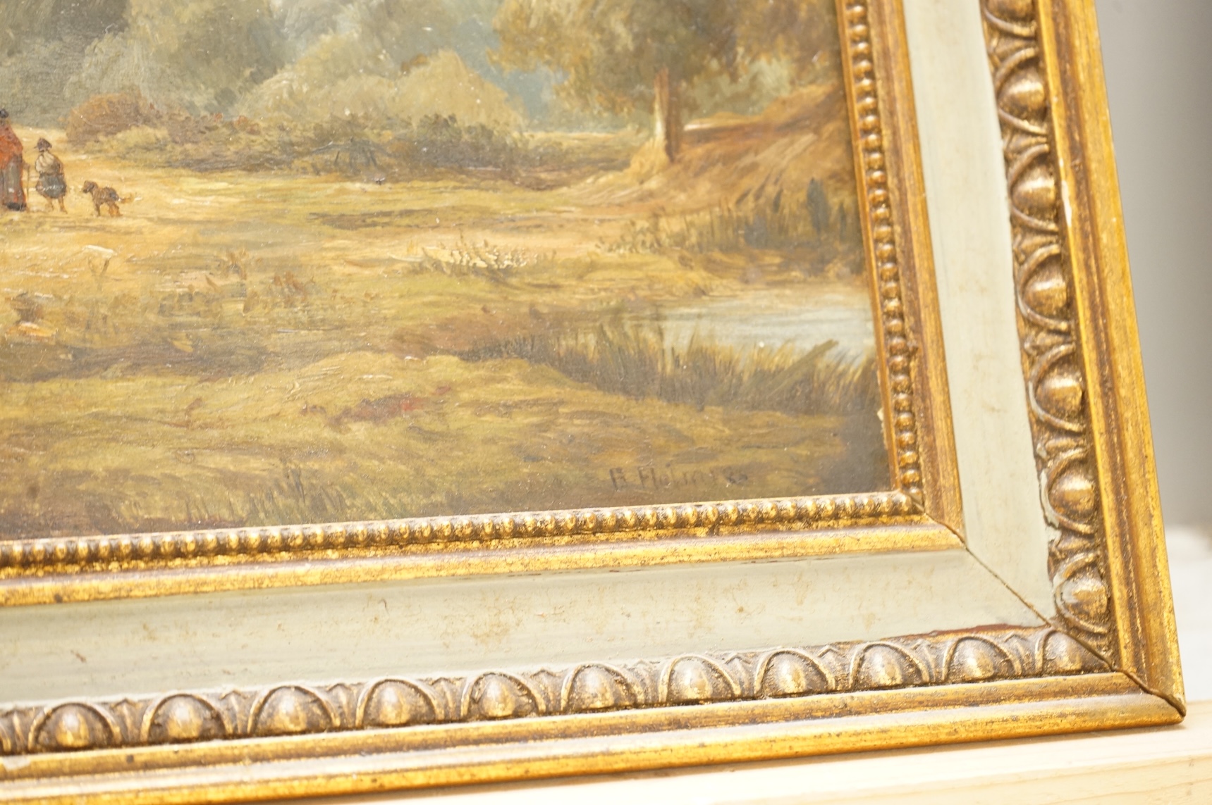B. Holmes, Children in a meadow and riverscape, one signed, pair of oils on board, 19 x 29cm